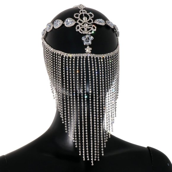 Crystal Tassel Face Mask Rhinestone Masquerade Jewelry for Women Halloween Party - Picture 2 of 6